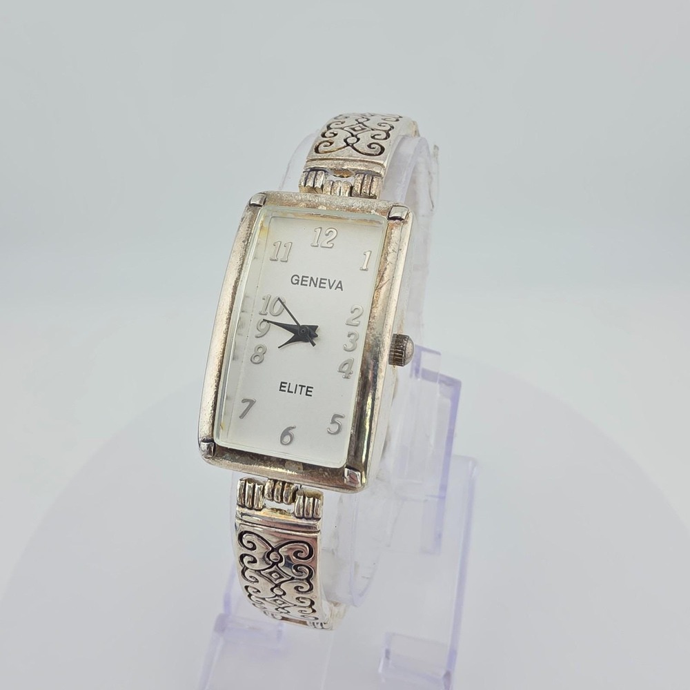 Vtg GENEVA Elite Ladies Watch Rectangle Case Scrollwork Link Silver Tone 7.75"